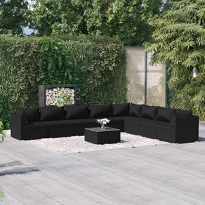 VidaXL 9-delige Loungeset Met Kussens Poly Rattan Zwart