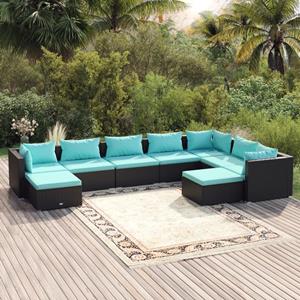 VidaXL 9-delige Loungeset Met Kussens Poly Rattan Zwart