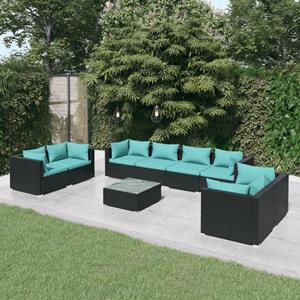 VidaXL 9-delige Loungeset Met Kussens Poly Rattan Zwart