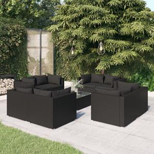 VidaXL 9-delige Loungeset Met Kussens Poly Rattan Zwart