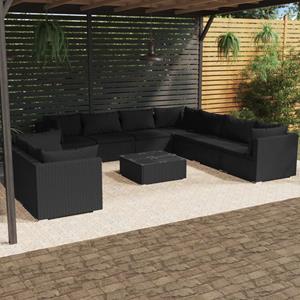 VidaXL 10-delige Loungeset Met Kussens Poly Rattan Zwart