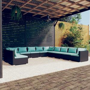 VidaXL 11-delige Loungeset Met Kussens Poly Rattan Zwart