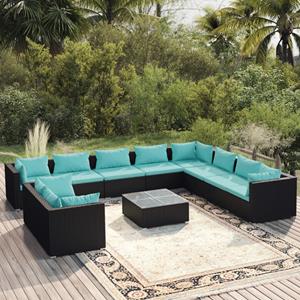 VidaXL 11-delige Loungeset Met Kussens Poly Rattan Zwart