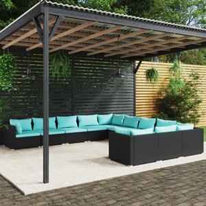 VidaXL 11-delige Loungeset Met Kussens Poly Rattan Zwart