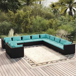 VidaXL 11-delige Loungeset Met Kussens Poly Rattan Zwart