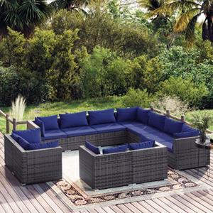 VidaXL 11-delige Loungeset Met Kussens Poly Rattan Grijs