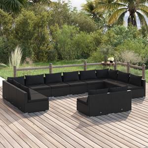 VidaXL 12-delige Loungeset Met Kussens Poly Rattan Zwart