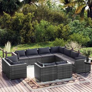 vidaXL 11-delige Loungeset met kussens poly rattan grijs