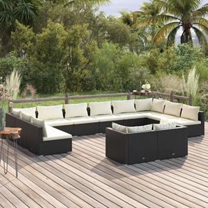 VidaXL 12-delige Loungeset Met Kussens Poly Rattan Zwart