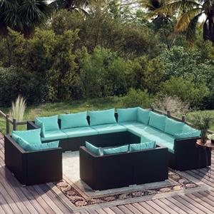 VidaXL 11-delige Loungeset Met Kussens Poly Rattan Zwart