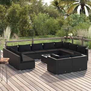 VidaXL 12-delige Loungeset Met Kussens Poly Rattan Zwart