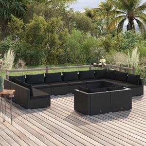 VidaXL 12-delige Loungeset Met Kussens Poly Rattan Zwart