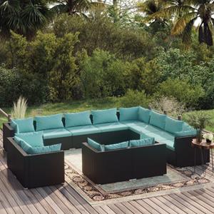 VidaXL 12-delige Loungeset Met Kussens Poly Rattan Zwart