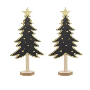 Bellatio Decorations 2x stuks kerstdecoratie houten decoratie kerstboom zwart met gouden sterren B18 x H36 cm - Kerstversiering kerstbomen met licht