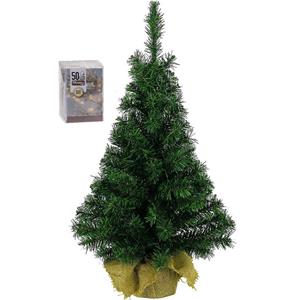 Bellatio Volle kunst kerstboom 75 cm in jute zak inclusief 50 warm witte lampjes - Mini kerstbomen met verlichting