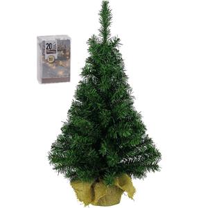 Bellatio Decorations Volle kunst kerstboom 45 cm in jute zak inclusief 20 warm witte lampjes - Mini kerstbomen met verlichting