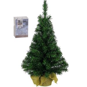 Bellatio Decorations Volle kunst kerstboom 45 cm in jute zak inclusief 20 helder witte lampjes - Mini kerstbomen met verlichting