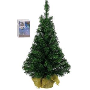 Bellatio Volle kunst kerstboom 45 cm in jute zak inclusief 20 gekleurde lampjes - Mini kerstbomen met verlichting