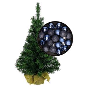 Bellatio Decorations Mini kerstboom/kunst kerstboom H75 cm inclusief kerstballen donkerblauw - Kerstversiering