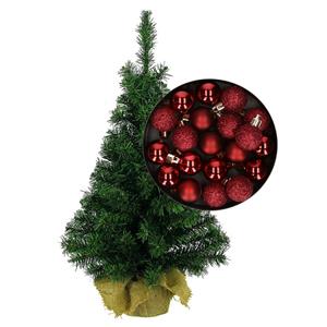 Bellatio Mini kerstboom/kunst kerstboom H75 cm inclusief kerstballen donkerrood - Kerstversiering