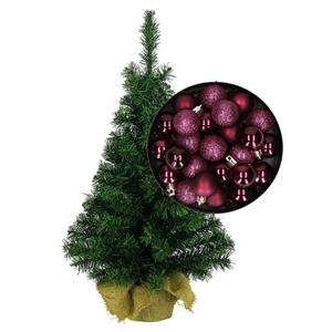 Bellatio Mini kerstboom/kunst kerstboom H75 cm inclusief kerstballen aubergine paars - Kerstversiering