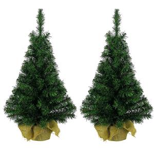 Bellatio 4x stuks volle kleine/mini kerstbomen groen in jute zak 45 cm - Kunst kerstbomen / kunstbomen