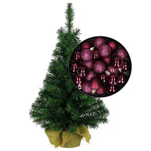 Bellatio Decorations Mini kerstboom/kunst kerstboom H45 cm inclusief kerstballen aubergine paars - Kerstversiering