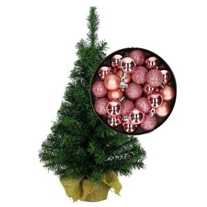 Bellatio Mini kerstboom/kunst kerstboom H45 cm inclusief kerstballen roze - Kerstversiering
