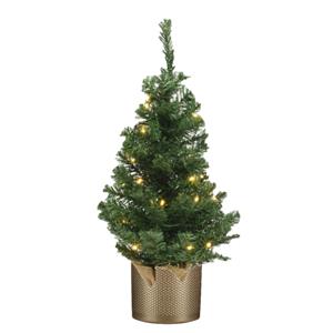 Bellatio Kunst kerstboom/kunstboom 75 cm met verlichting inclusief gouden pot - Kunstboompjes/kerstboompjes