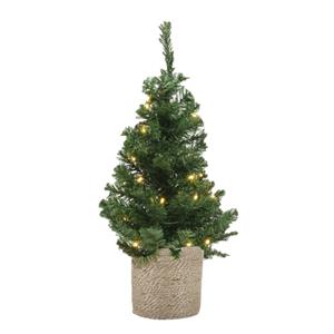 Bellatio Kunst kerstboom/kunstboom 75 cm met verlichting inclusief naturel jute pot - Kunstboompjes/kerstboompjes
