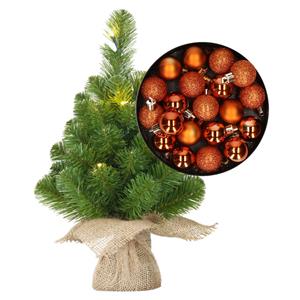 Bellatio Mini kerstboom/kunstboom met verlichting 45 cm en inclusief kerstballen oranje - Kerstversiering