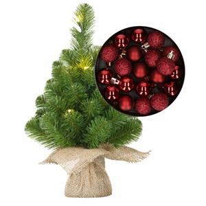 Bellatio Decorations Mini kerstboom/kunstboom met verlichting 45 cm en inclusief kerstballen donkerrood - Kerstversiering
