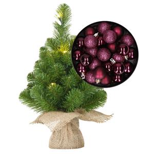 Bellatio Mini kerstboom/kunstboom met verlichting 45 cm en inclusief kerstballen aubergine paars - Kerstversiering