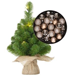 Bellatio Mini kerstboom/kunstboom met verlichting 45 cm en inclusief kerstballen champagne - Kerstversiering