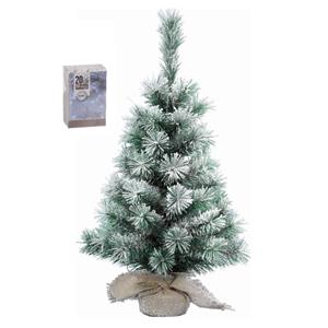 Bellatio Decorations Mini kerstboom met sneeuw 35 cm in jute zak inclusief 20 helder witte lampjes - Mini kerstbomen met verlichting