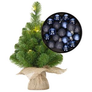 Bellatio Decorations Mini kerstboom/kunstboom met verlichting 45 cm en inclusief kerstballen donkerblauw - Kerstversiering