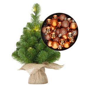 Bellatio Mini kerstboom/kunstboom met verlichting 45 cm en inclusief kerstballen koper - Kerstversiering