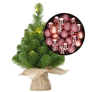 Bellatio Decorations Mini kerstboom/kunstboom met verlichting 45 cm en inclusief kerstballen roze - Kerstversiering