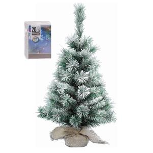 Bellatio Mini kerstboom met sneeuw 35 cm in jute zak inclusief 20 gekleurde lampjes - Mini kerstbomen met verlichting