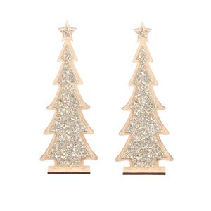 Bellatio 2x stuks kerstdecoratie houten kerstboom glitter zilver 35,5 cm - Vensterbank kerstdecoratie houten kerstbomen