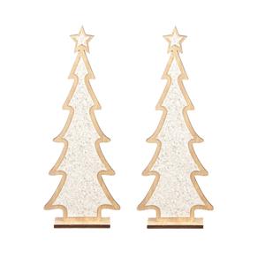 Bellatio Decorations 2x stuks kerstdecoratie houten kerstboom glitter wit 35,5 cm - Vensterbank kerstdecoratie houten kerstbomen