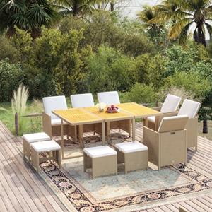 vidaxl 11-delige Tuinset met kussens poly rattan beige