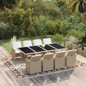 vidaXL 9-tlg. Garten-Essgruppe mit Kissen Poly Rattan Beige 