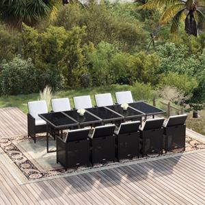 vidaXL 11-tlg. Garten-Essgruppe mit Kissen Poly Rattan Schwarz 