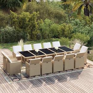 vidaXL 15-tlg. Garten-Essgruppe mit Kissen Poly Rattan Beige 