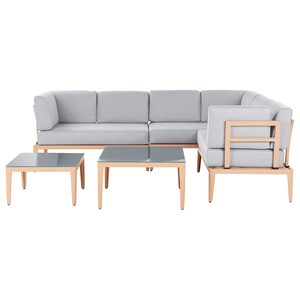 beliani Lounge Set Heller Holzfarbton u. Grau Aluminium mit Auflagen zwei Tische für 6 Personen Garten Terrasse Balkon - Grau