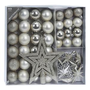 H&S Collection Set 44-delig Kunststof Kerstboomversiering Parel/wit Met Kerstballen, Slingers En Piek - Kerstbal