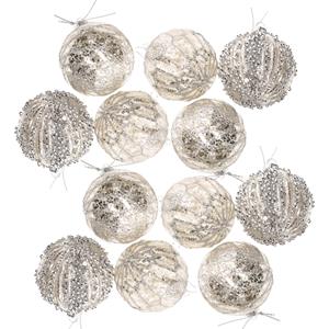 12x Stuks Luxe Gedecoreerde Glazen Kerstballen Zilver 6 Cm - Kerstbal