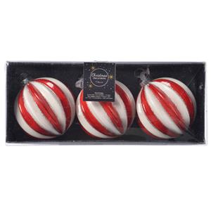 Decoris 3x Stuks Luxe Glazen Kerstballen Brass Rood/wit Gestreept Met Glitter 8 Cm - Kerstbal