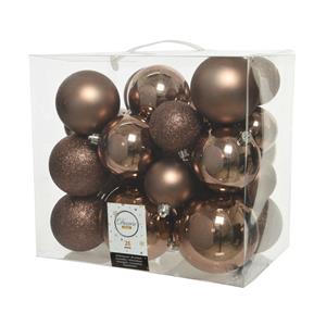 Decoris 26x Stuks Kunststof Kerstballen Walnoot Bruin 6-8-10 Cm Glans/mat/glitter - Kerstbal